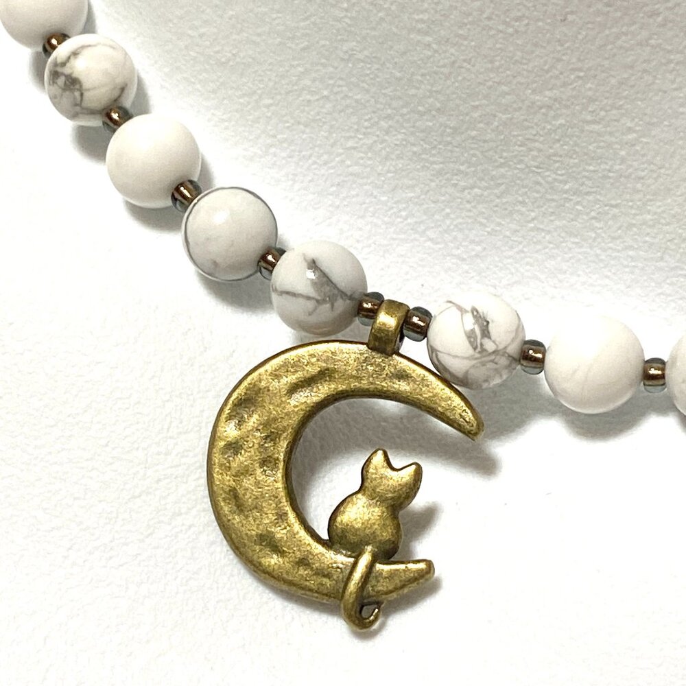 White Magnesite Bronze Cat on the Moon Necklace, Genuine Gemstone Beaded Choker